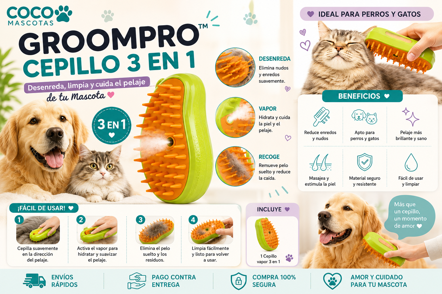 🐾 GroomPro™ Cepillo 3 en 1