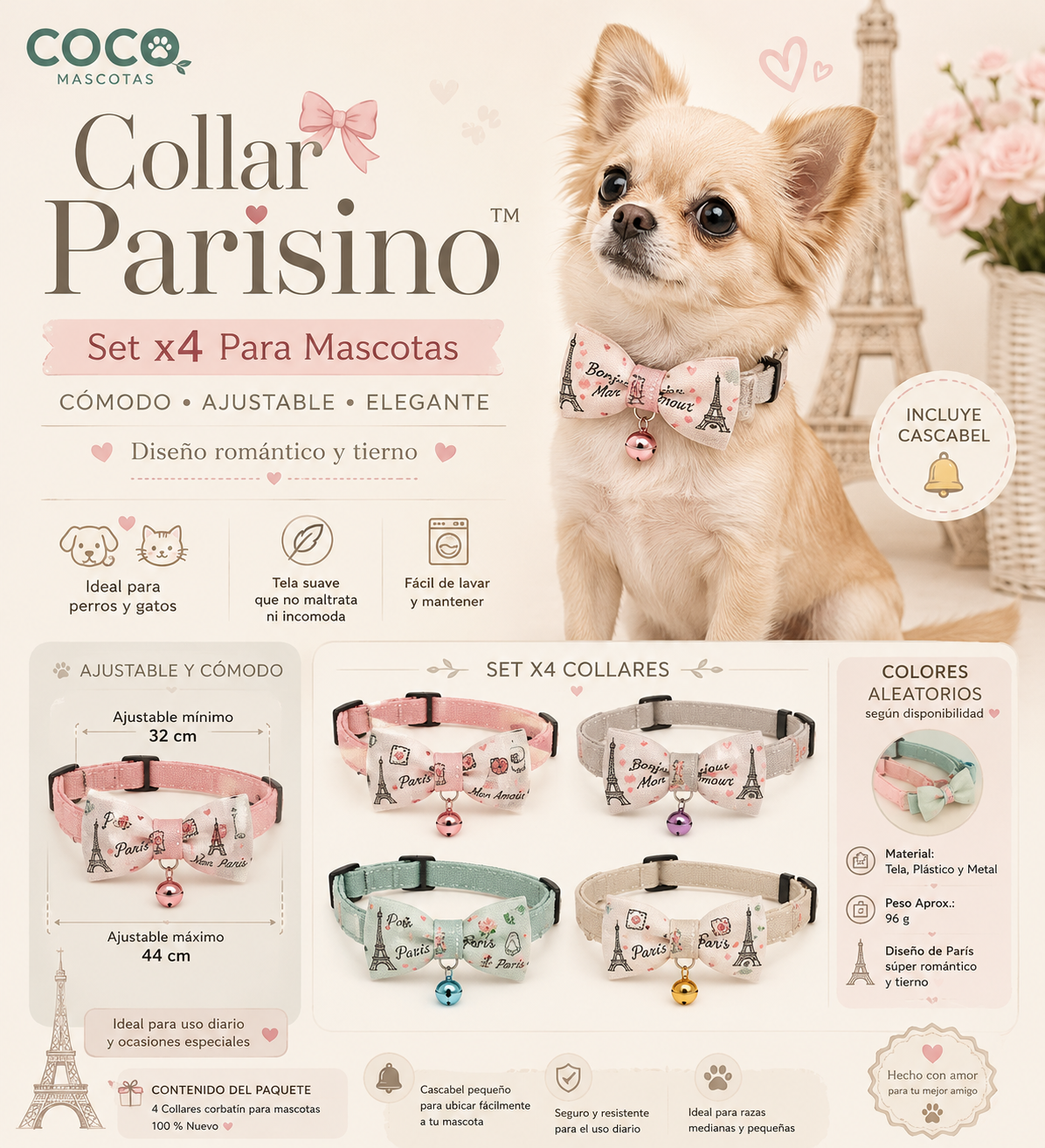 🎀 Collar Parisino™ Set x4 Para Mascotas