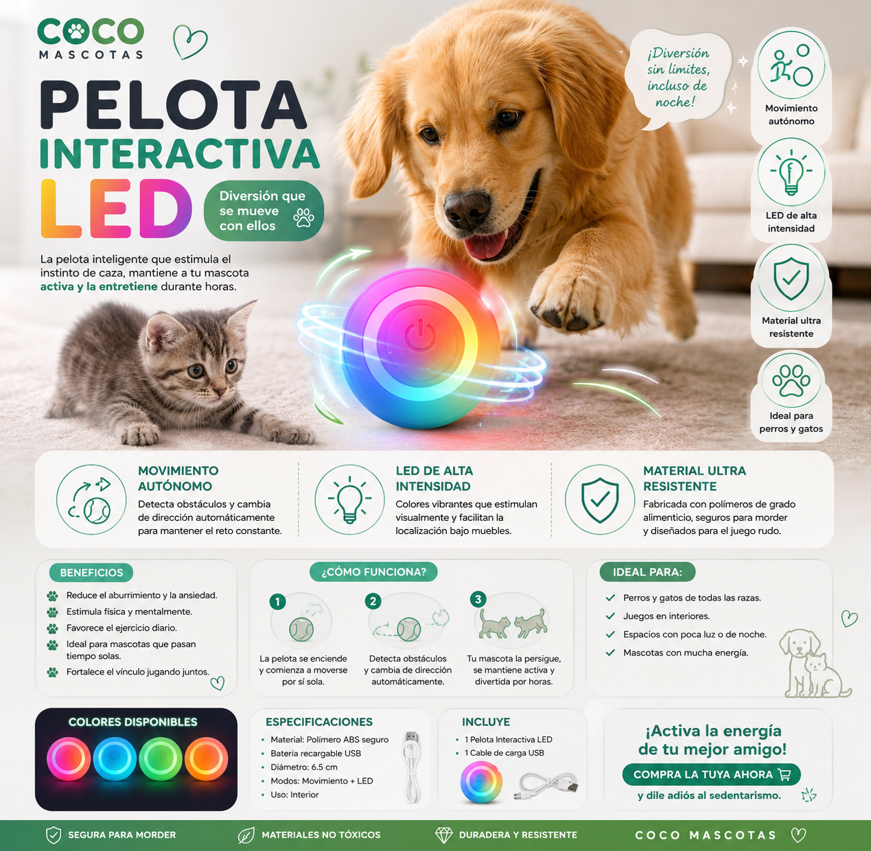 🌈 Pelota Interactiva LED para Mascotas