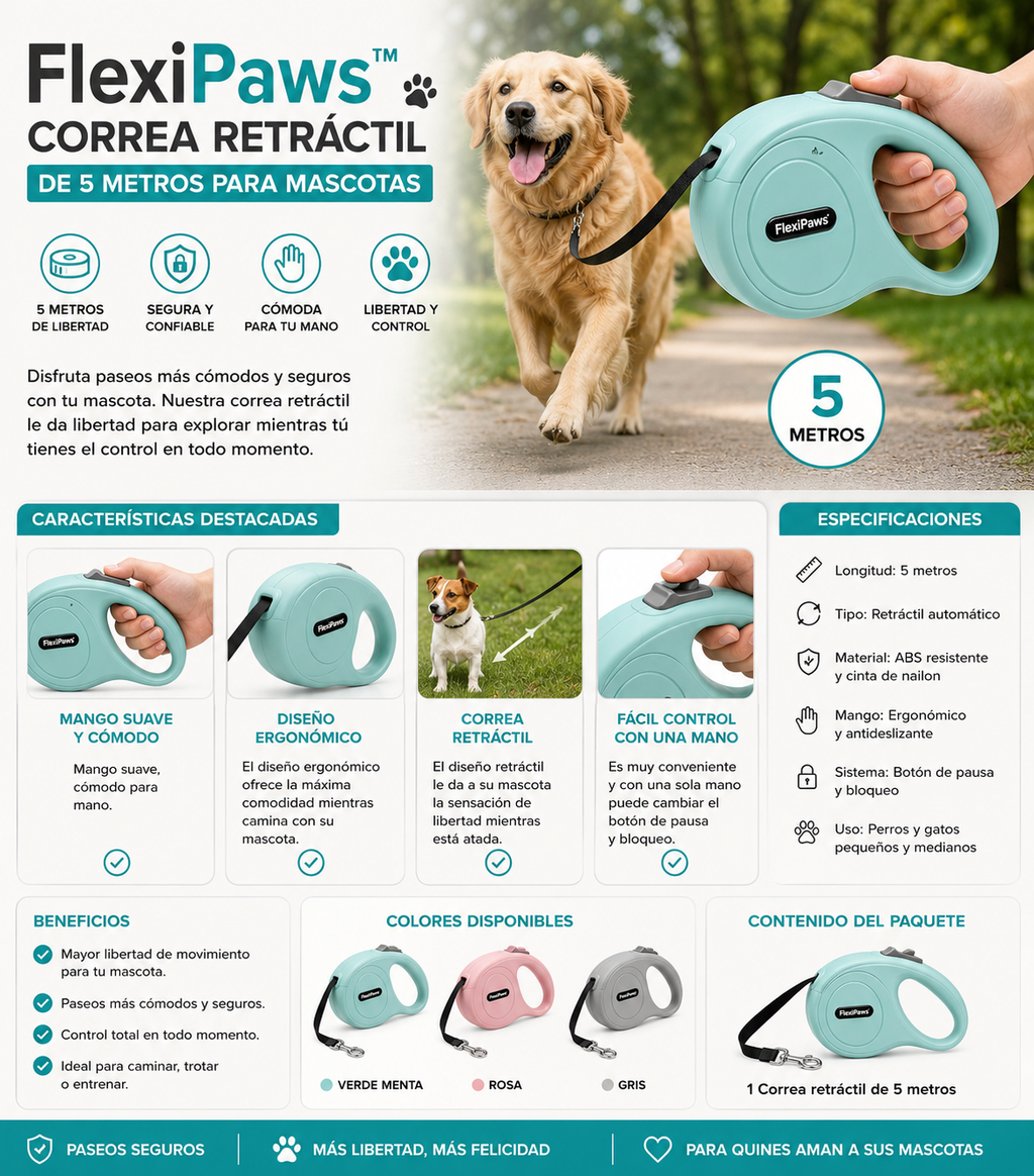 FlexiPaws™ Correa Retráctil de 5 Metros para Mascotas 🐾