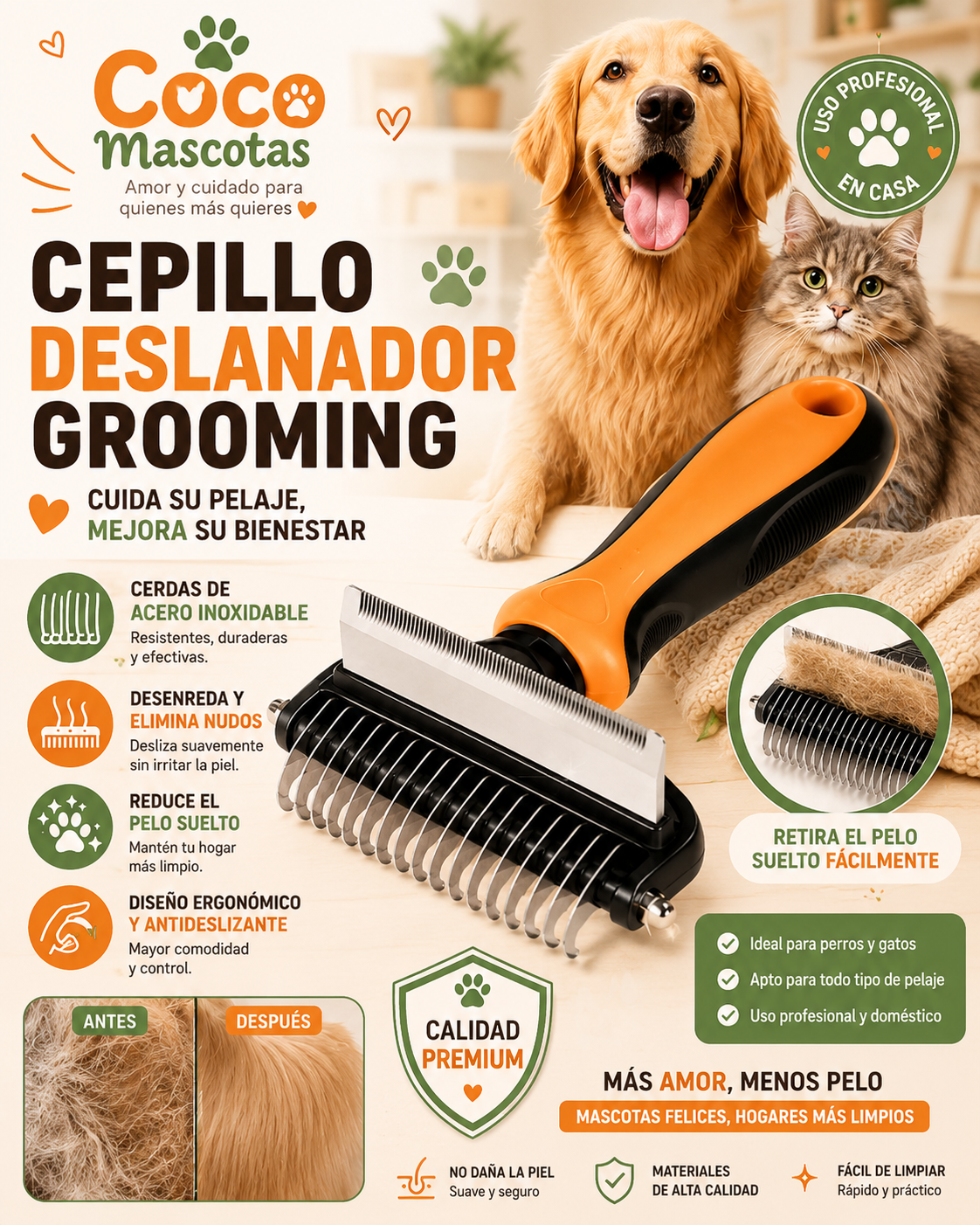 💛 Cepillo Deslanador Grooming para Mascotas